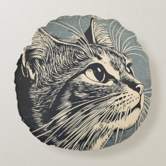 Tabby katt Vintage Lino-utskrift Rund Kudde