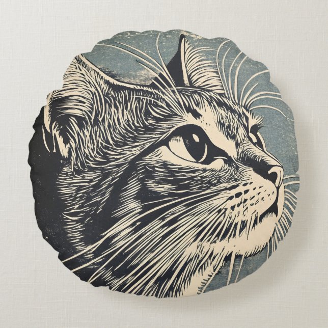 Tabby katt Vintage Lino-utskrift Rund Kudde (Framsidan)