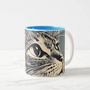Tabby katt Vintage Lino-utskrift Två-Tonad Mugg
