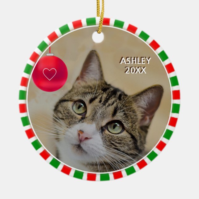 Tabby kattfoto och grön röd ram julgransprydnad keramik (Framsidan)