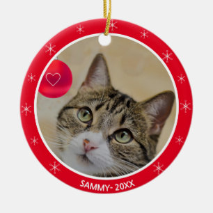 Tabby kattfoto och snöflingor julgransprydnad keramik