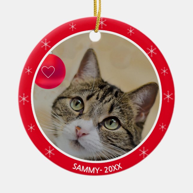 Tabby kattfoto och snöflingor julgransprydnad keramik (Framsidan)