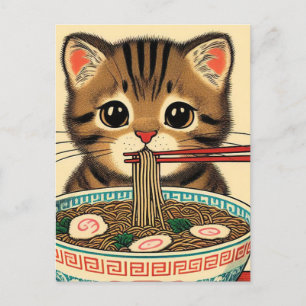 Tabby Kitten Eating Ramen Woodblock Skriv ut Vykort
