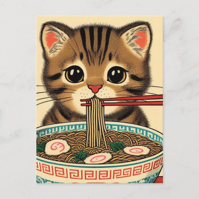 Tabby Kitten Eating Ramen Woodblock Skriv ut Vykort (Framsida)