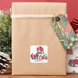 Tabby Kitten i Santa Hat God jul Fyrkantigt Klistermärke