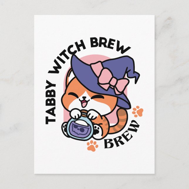 Tabby Witch Brew - Cute Halloween-kattdesign Vykort (Framsida)