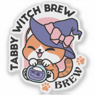 Tabby Witch Brew – Sött Halloween-kattdesign Klistermärken