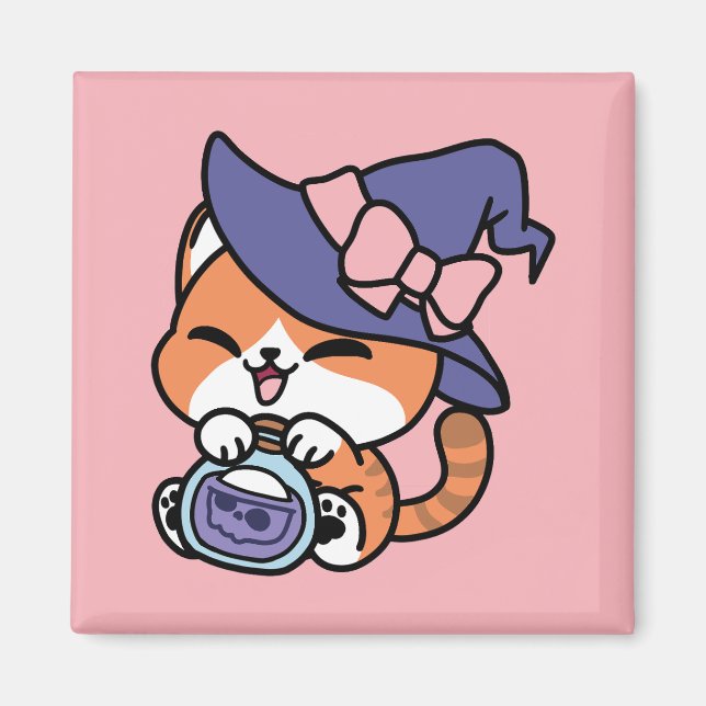 Tabby Witch Brew – Sött Halloween Kattdesign Magnet (Framsidan)