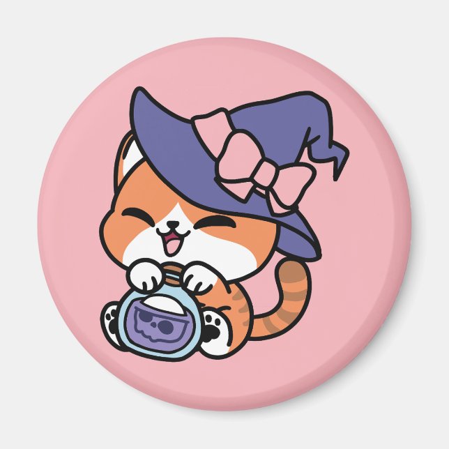 Tabby Witch Brew – Sött Halloween-kattdesign Magnet (Framsidan)