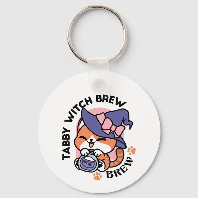 Tabby Witch Brew – Sött Halloween Kattdesign Nyckelring (Framsida)