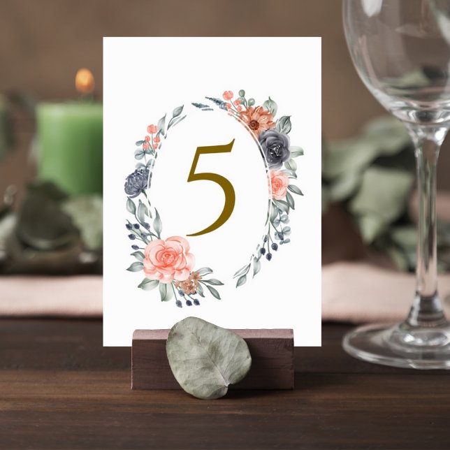 Table Number Card with Soft Peach & Blue Flowers Bordsnummer (Skapare uppladdad)