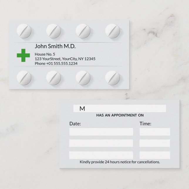 Tablettlådans Professionell Mediccal Kor Grönt Tidsbeställning Kort (Fram/baksida)