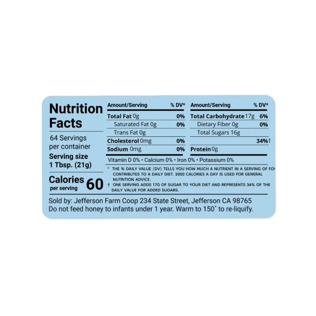 Tabulär honung Nutrition Facts Cornblomma Blue Adressetikett (Framsidan)