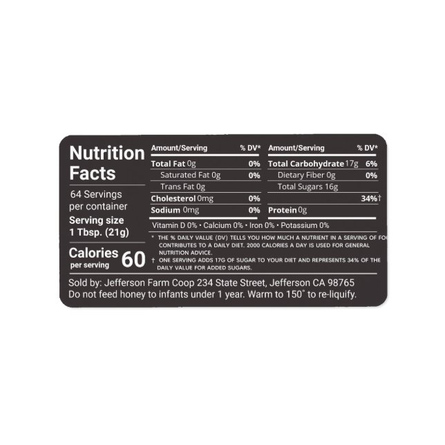 Tabular Honung Nutrition Facts Jet Black Adressetikett (Framsidan)
