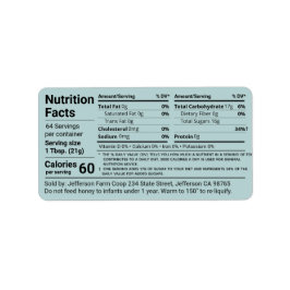 Tabulär honung Nutrition Facts Turcoise Product Adressetikett
