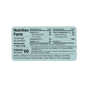 Tabulär honung Nutrition Facts Turcoise Product Adressetikett