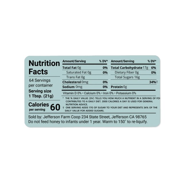 Tabulär honung Nutrition Facts Turcoise Product Adressetikett (Framsidan)