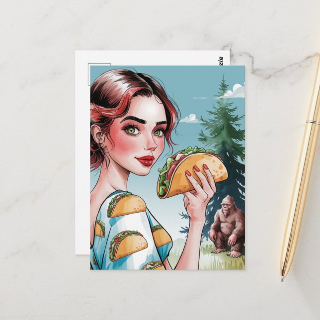 Tacho i skogen med Ledsen Sasquatch Vykort (Fram/Back In Situ)