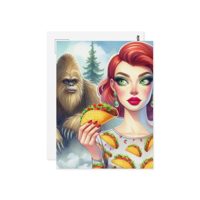 Tacho i skogen med Sasquatch Vykort (Fram/Back In Situ)