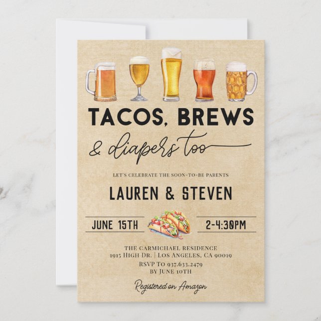 Tachos Brews Diaper for Baby Shower Inbjudningar (Framsida)
