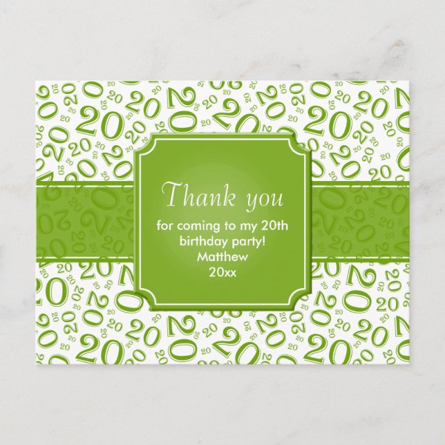 Tack 20-års födelsedagsnummer Mönster Grön/Vit Vykort (Framsida)