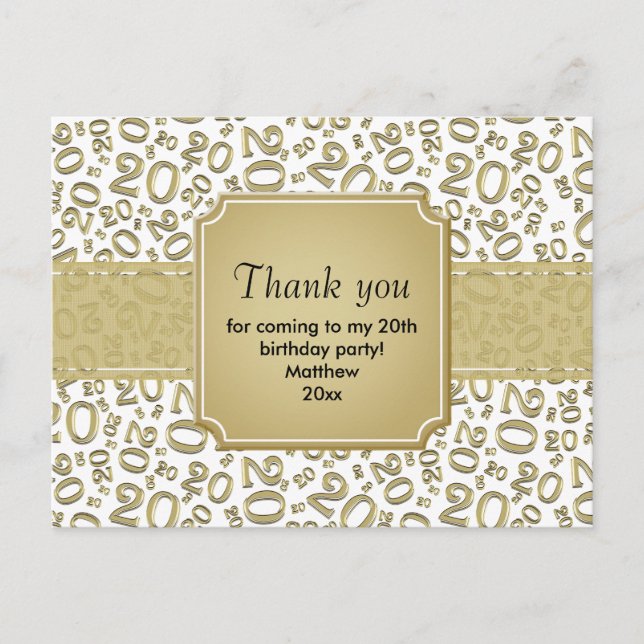 Tack 20-års födelsedagsnummer Mönster Guld/Vit Vykort (Framsida)