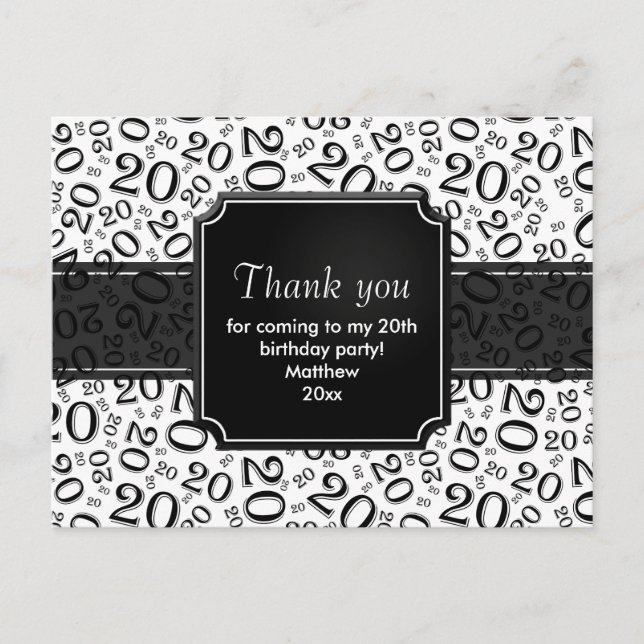 Tack 20-års födelsedagsnummer Mönster Svart/Vit Vykort (Framsida)