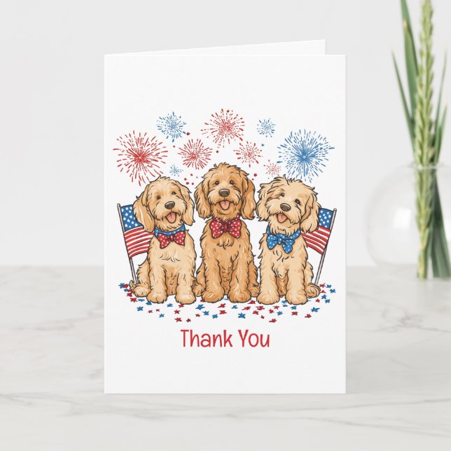 Tack 4 juli Goldendoodle Hundar Fireworks Kort (Framsida)