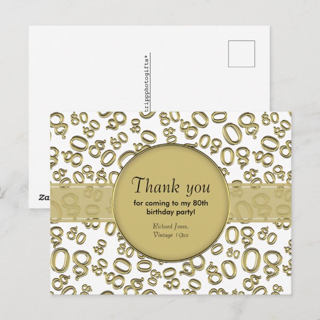 Tack: 80-års födelsedagsnummer-mönster i guld/vit  vykort (Fram/baksida)