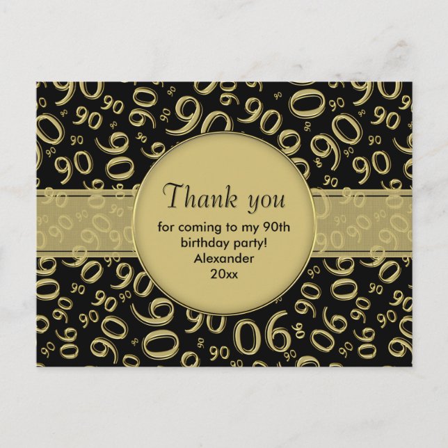 Tack 90:e Guld/Svart Födelsedags Nummer Mönster Vykort (Framsida)