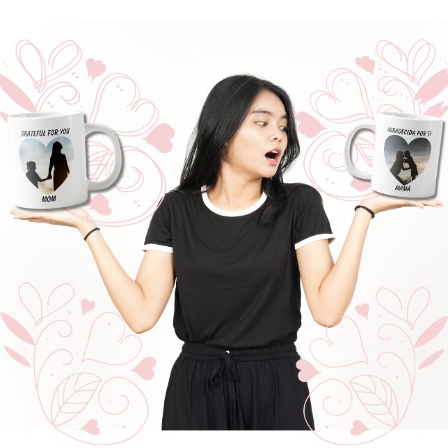 Tack Agradecida Bilingual Mors dag Heart Jumbo Mugg (Bilingual mother's day mug. Grateful for you mom text, agradecida por ti mama Spanish. Multilingual )