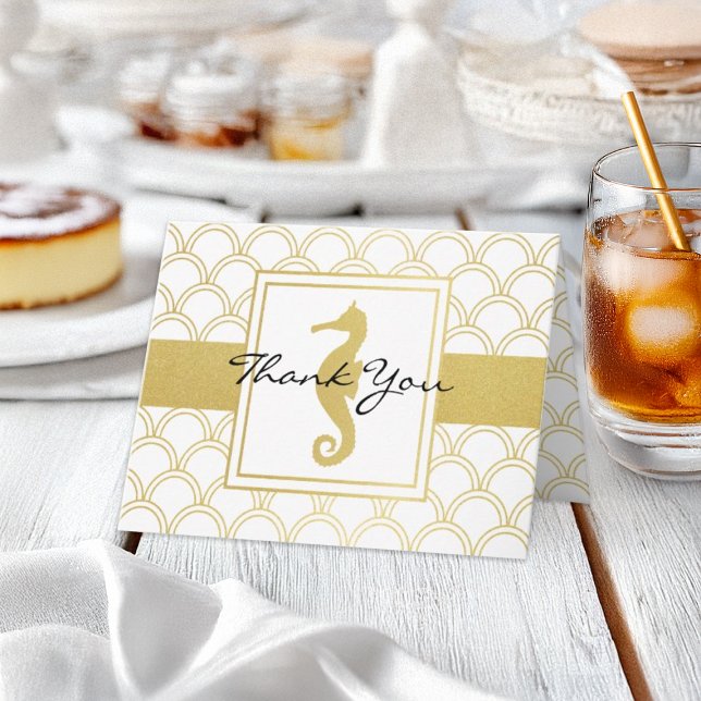 Tack Art Deco-vågkort för sjöhäst Guld Glitter Kort (Skapare uppladdad)