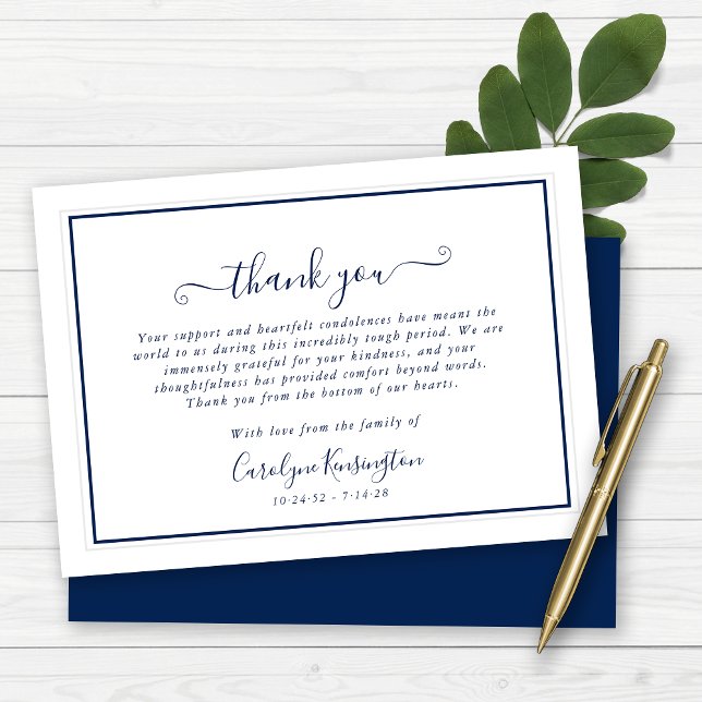 Tack av blåvit elegant (Elegant Navy Blue White Sympathy Thank You Note Cards)