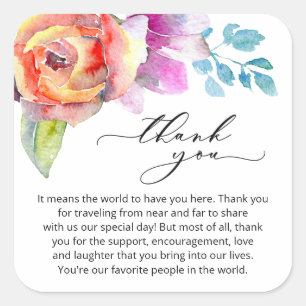 Tack av Boho Colorful Watercolor Blommigt Message Fyrkantigt Klistermärke