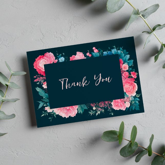 Tack av botaniska nordiska blå gröntens rosa blomm tilläggskort (Botanic nordic blue green pink floral Thank You )