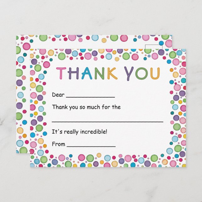 Tack av färgade Polka dots Kids Vykort (Fram/baksida)