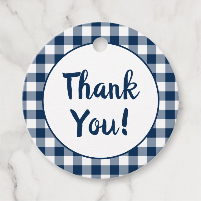 Tack av marinblå Gingham Gåvor Etiketter (Framsida)