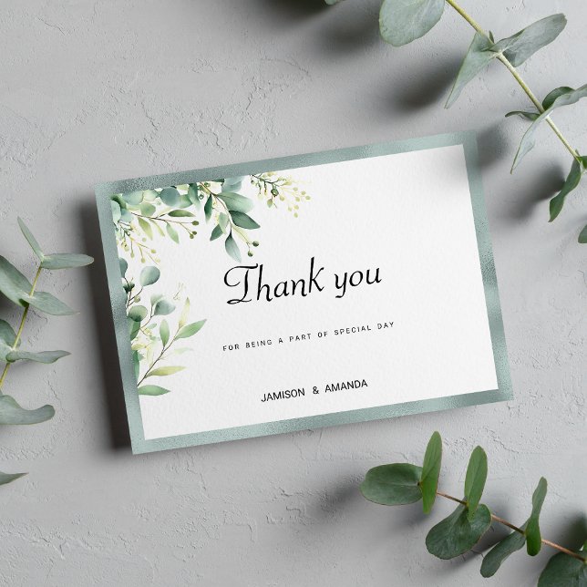 Tack av rustik eucalyptus foliage i munnen grönt inbjudningar (Mint green rustic eucalyptus foliage Thank You)