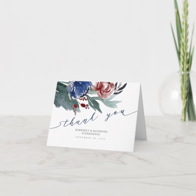 Tack av sjöblått och rödfärgat Blommigt Kort (Framsida)