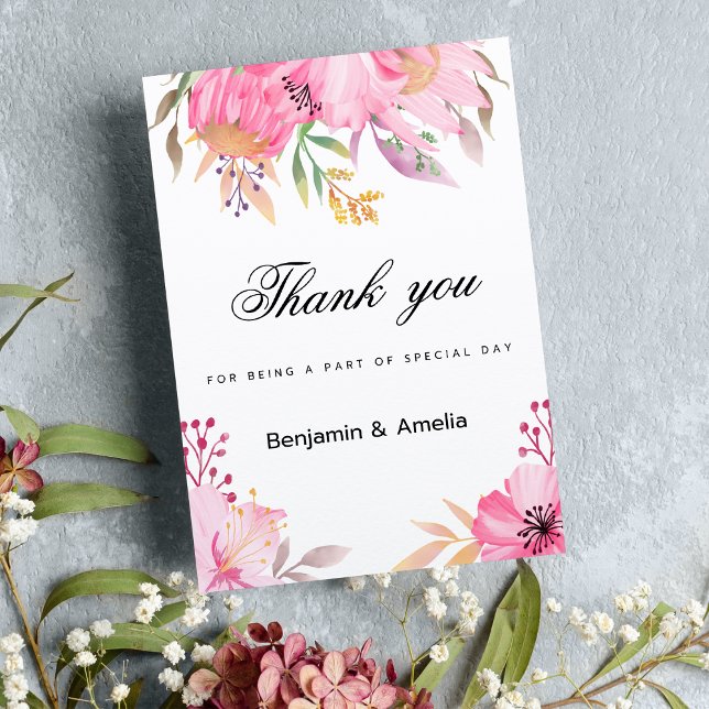 Tack av vattenfärgade blommor i botanisk rosa oran inbjudningar (Botanic pink orange watercolor flowers Thank You )