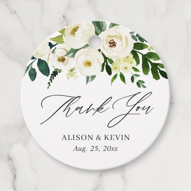 Tack av vattenfärgen Greenery White-Blommigt Gåvor Etiketter (Framsida)