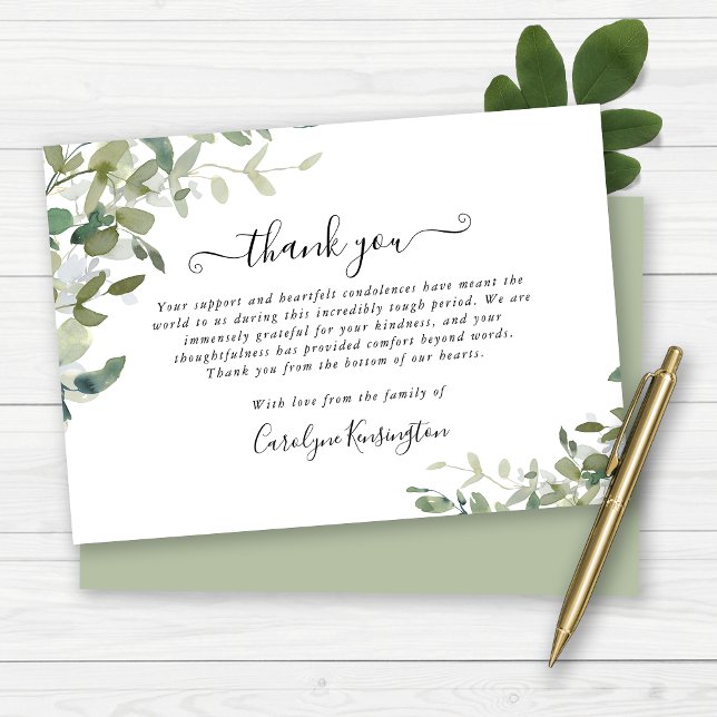 Tack av vattenfärgsgrey Sympathy Sympathy Kort (Watercolor Greenery Sympathy Thank You Card)