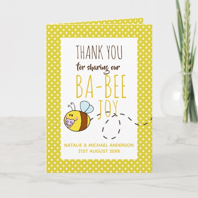Tack BA-BEE Baby Shower Hälsning Gult Cute Kort (Framsida)