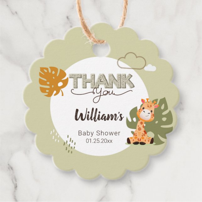 Tack, Baby Giraffe, babyinbjudan. Gåvor Etiketter (Framsida)