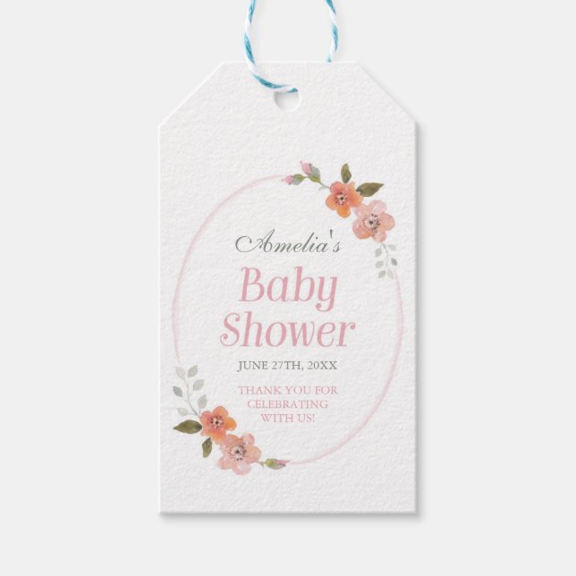 Tack Baby Shower med delikat Blommigt Presentetikett (Framsidan)