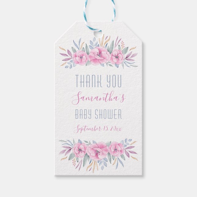 Tack Baby Shower  Rosa Blommigt Vattenfärg Presentetikett (Framsidan)