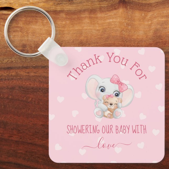 tack baby shower tjejer rosa hjärtan elefant  nyckelring (Framsida)