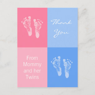 Tack Baby Shower Tvillingar Pojke Flicka Fotspår Meddelande Vykort