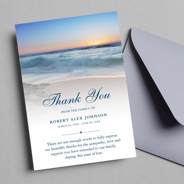 Tack Beach Funeral Photo Sympathy Grief Blue Kort (Blue Beach Sympathy Thank You Card )