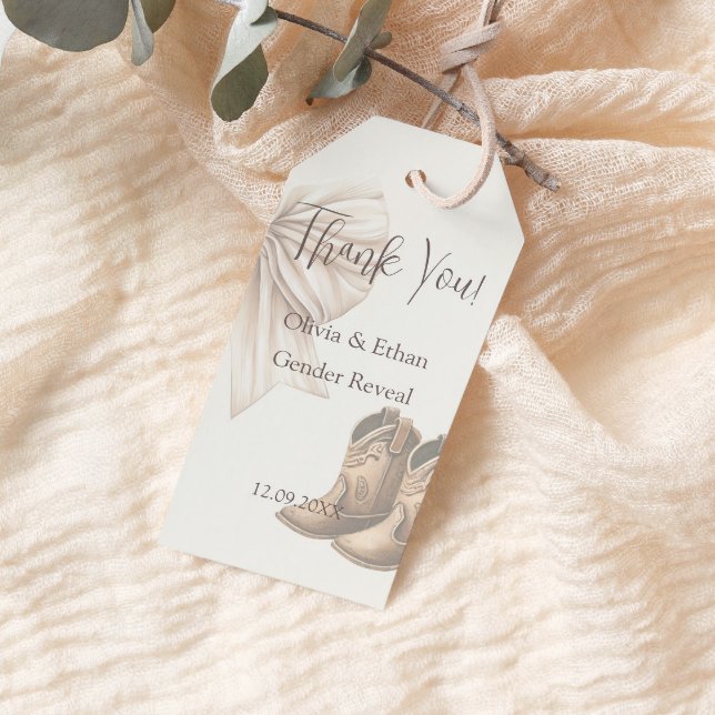 Tack Beige Boots eller Bows Gender Reveal Presentetikett (Skapare uppladdad)